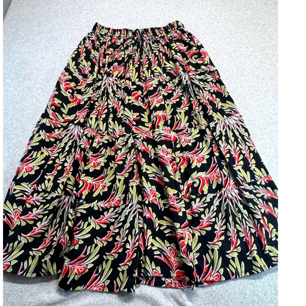 Ashley Taylor Womens Tiered Maxi Skirt Black Red Floral 100% Cotton Size L Flowy